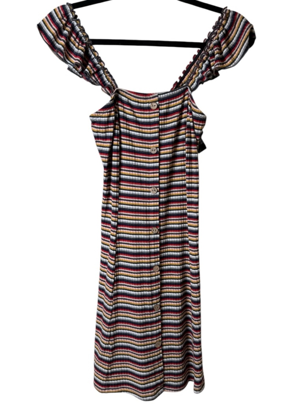 Hummingbird Small Multicolor Striped Off-Shoulder Button Midi Dress